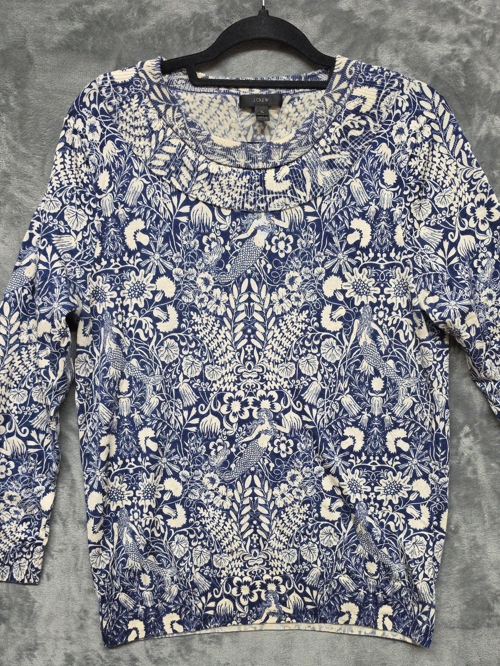 J. Crew Navy and White Floral Bird Wool Print Pullover sweater sz XL